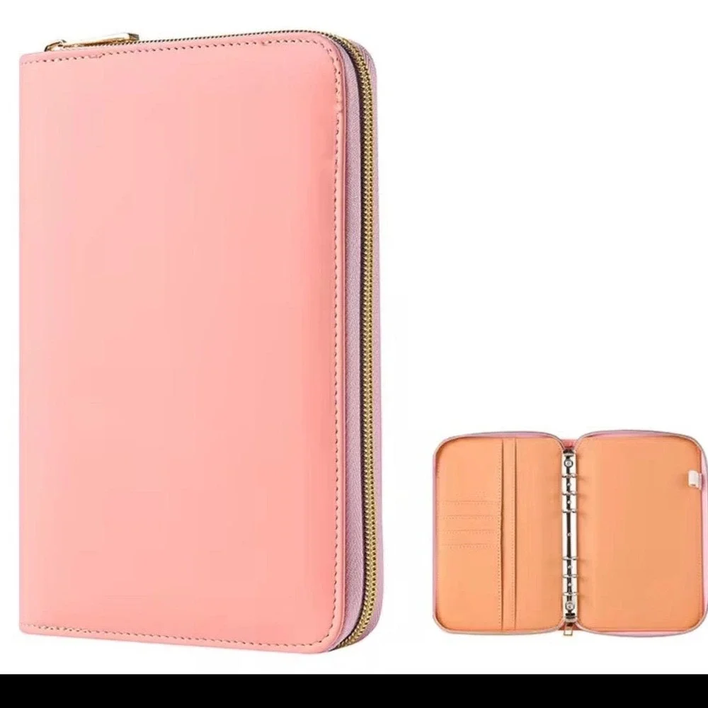 Pink Vegan Leather A6 6-Ring Zip Around Planner Binder Organizer Cash Budgeting